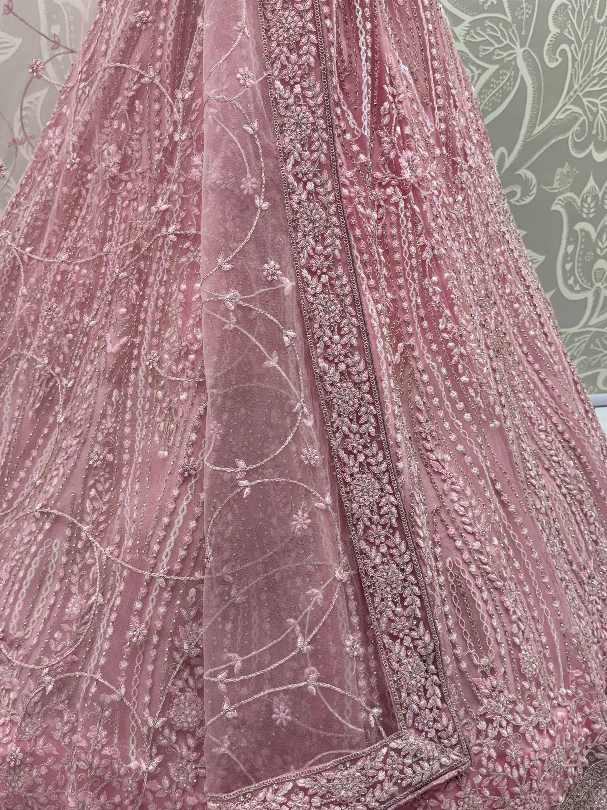 Stylish Powder Pink Thread Work Silk Bridesmaid Lehenga Choli With Dupatta