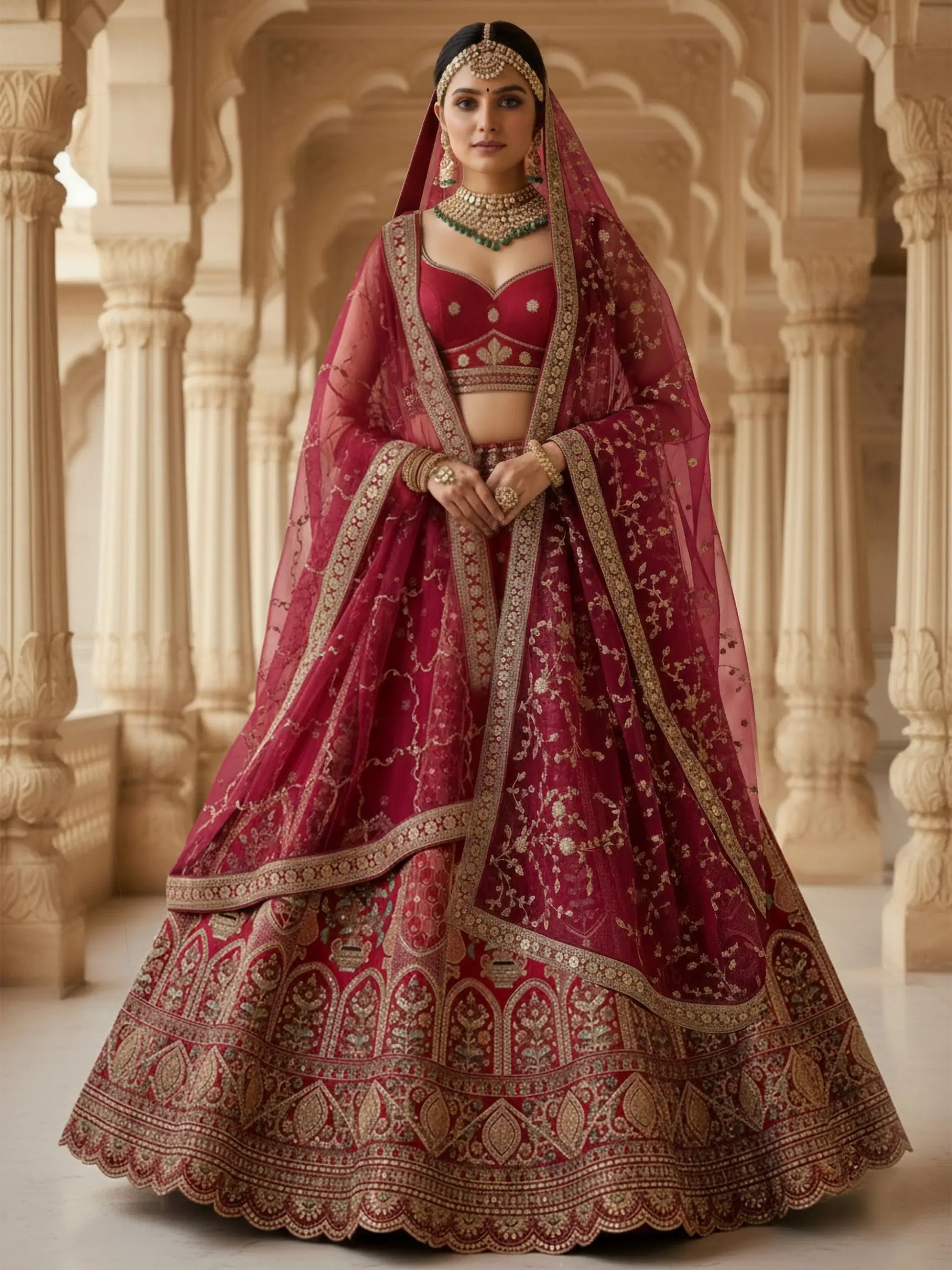 Captivating Red Heavy Embroidered Silk Bridal Wear Lehenga Choli With Double Dupatta