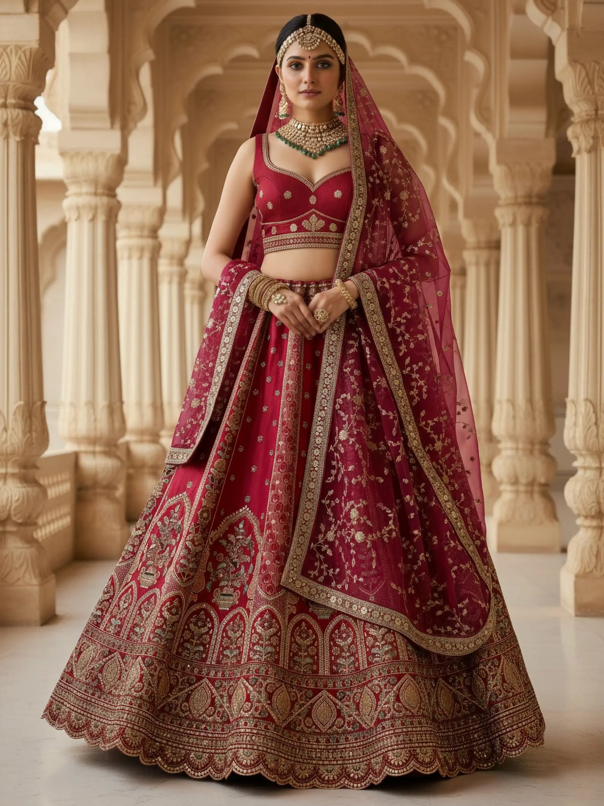 Captivating Red Heavy Embroidered Silk Bridal Wear Lehenga Choli With Double Dupatta