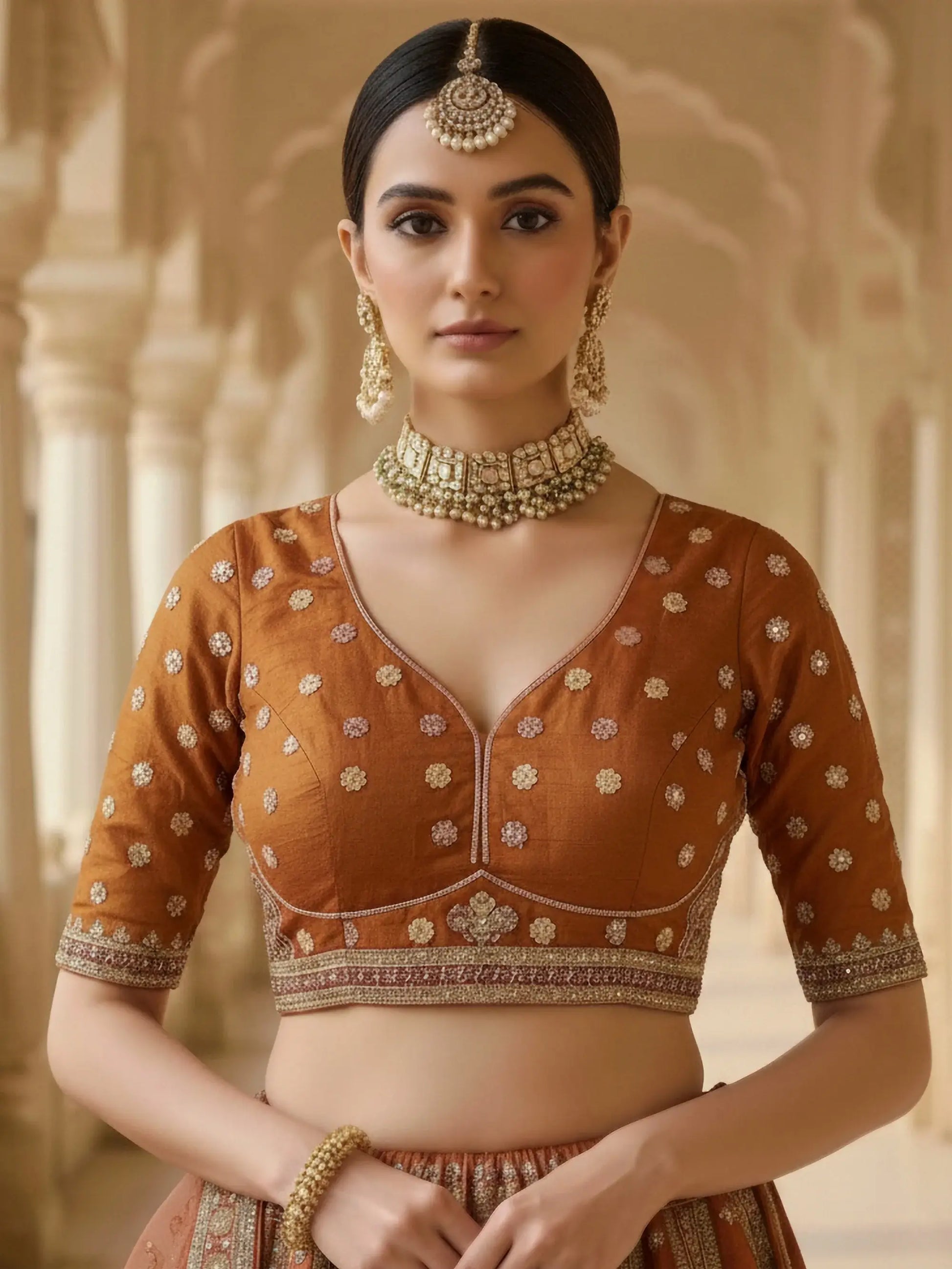 Alluring Rust Orange Sequins Work Silk Lehenga Choli With Double Dupatta