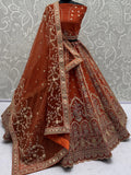 Alluring Rust Orange Sequins Work Silk Lehenga Choli With Double Dupatta