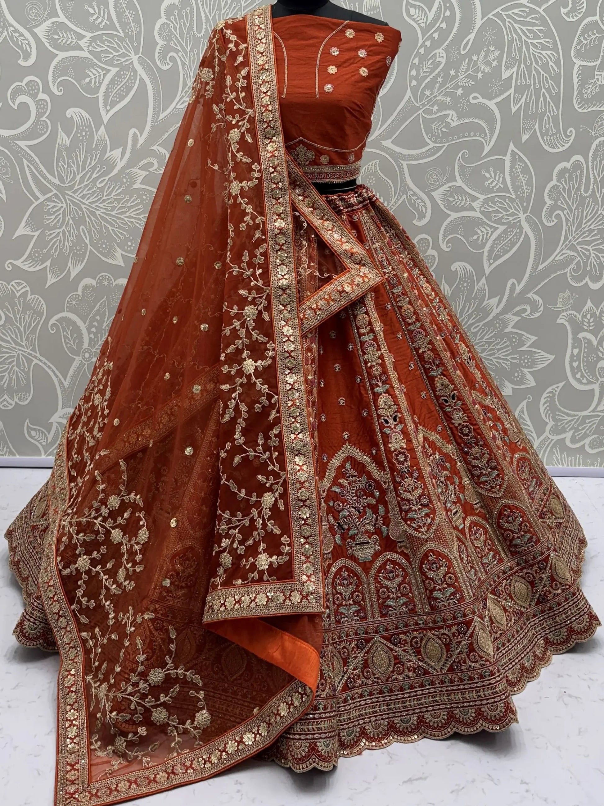 Alluring Rust Orange Sequins Work Silk Lehenga Choli With Double Dupatta