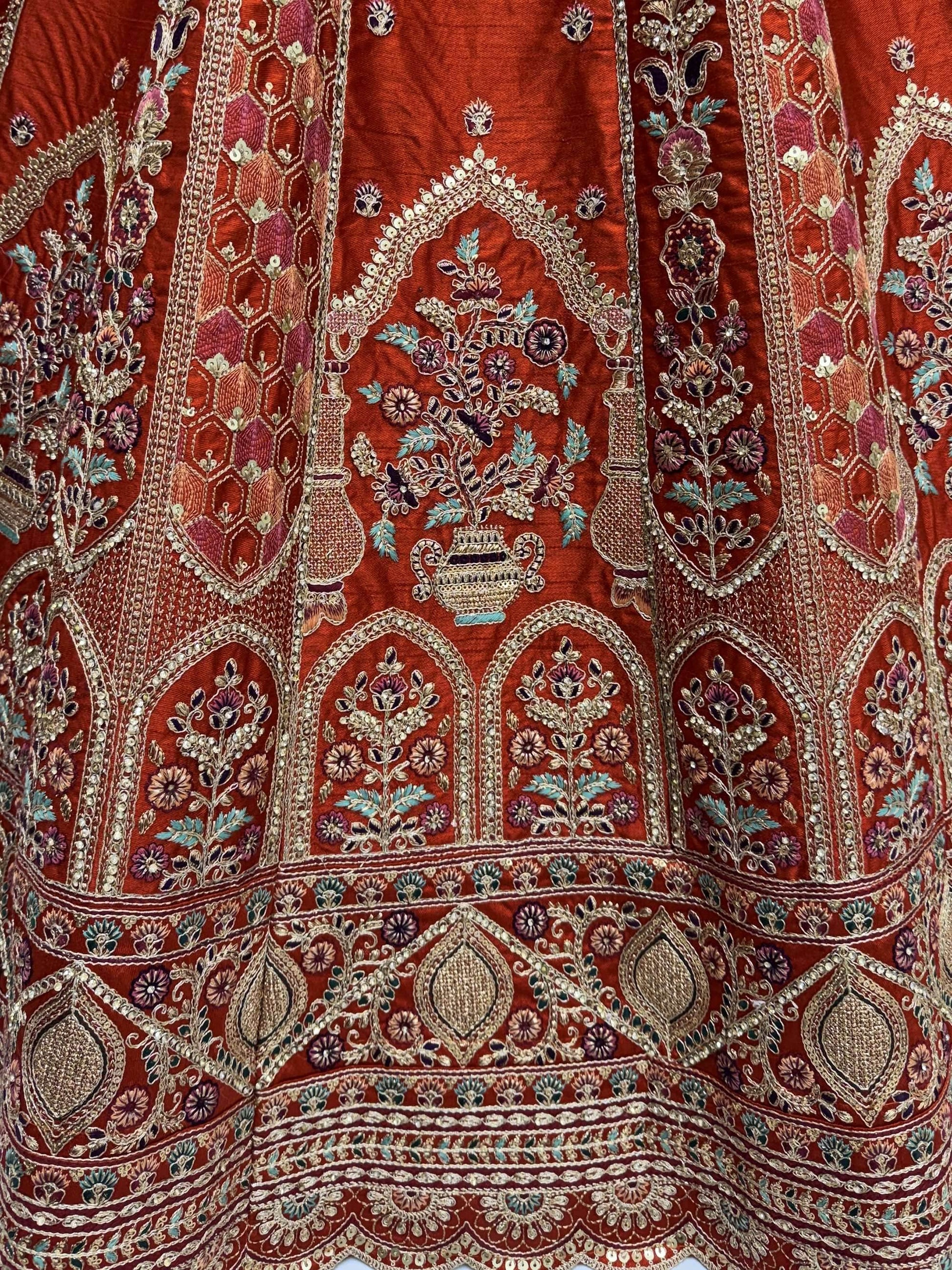 Alluring Rust Orange Sequins Work Silk Lehenga Choli With Double Dupatta