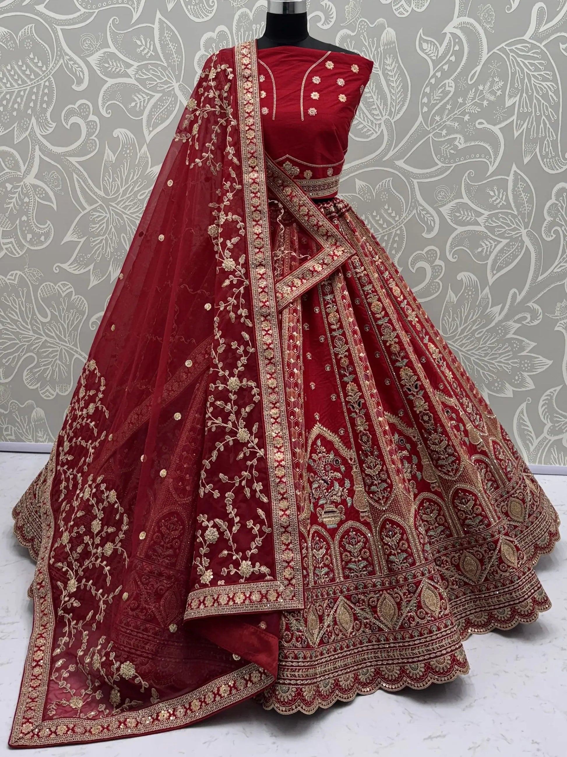 Captivating Red Heavy Embroidered Silk Bridal Wear Lehenga Choli With Double Dupatta