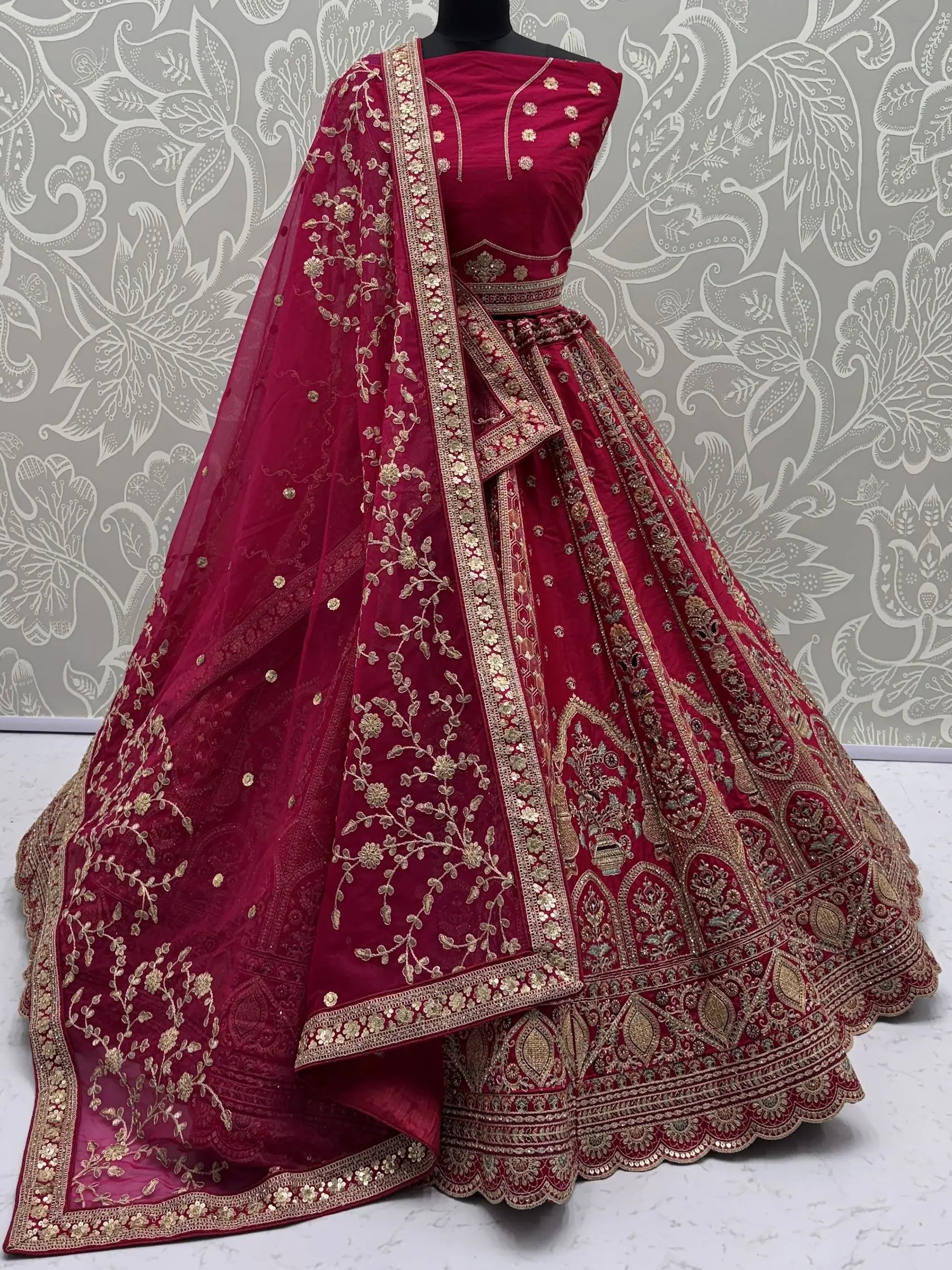 Rich Pink Zari Embroidered Silk Traditional Lehenga Choli With Double Dupatta