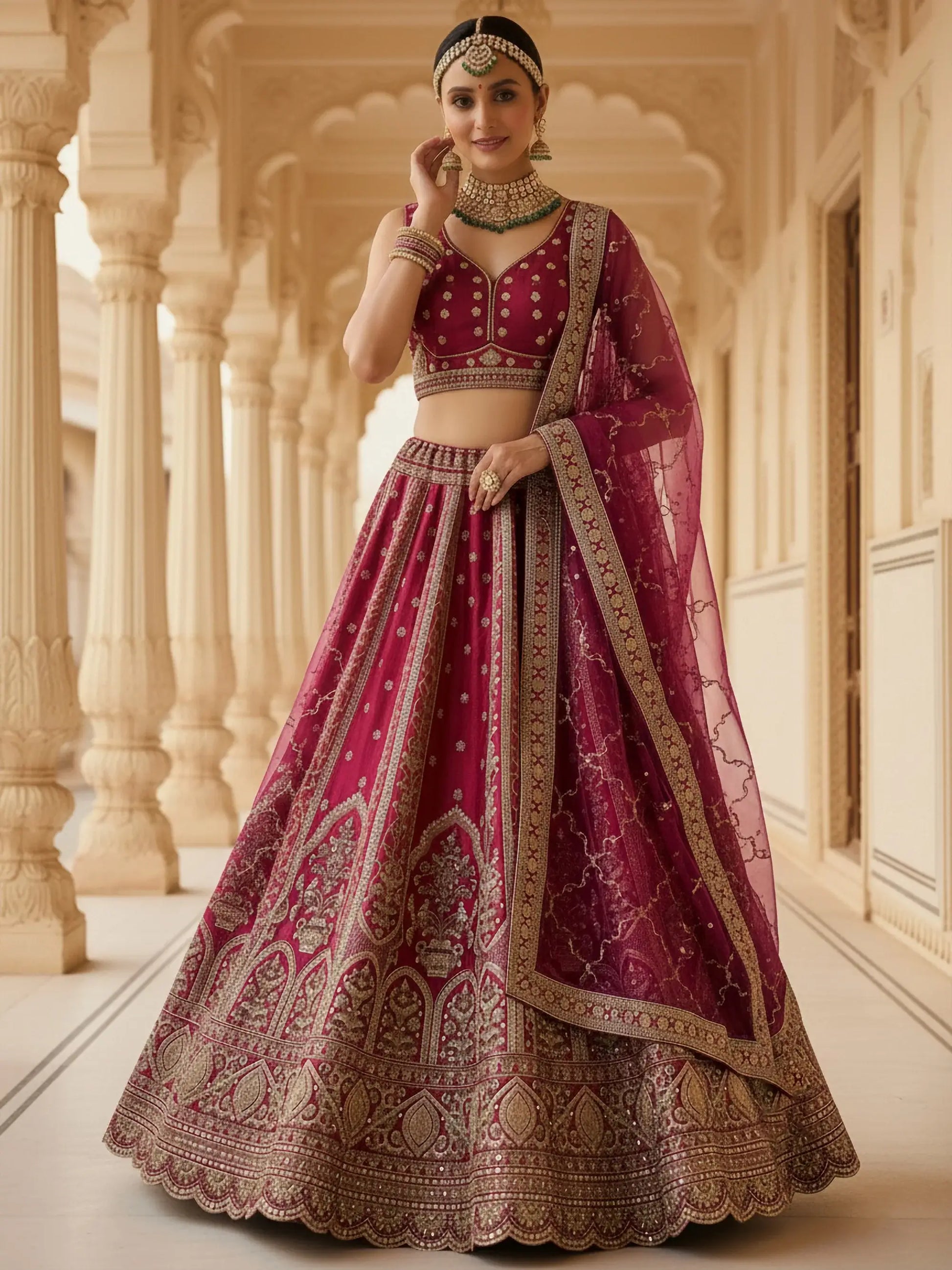 Rich Pink Zari Embroidered Silk Traditional Lehenga Choli With Double Dupatta