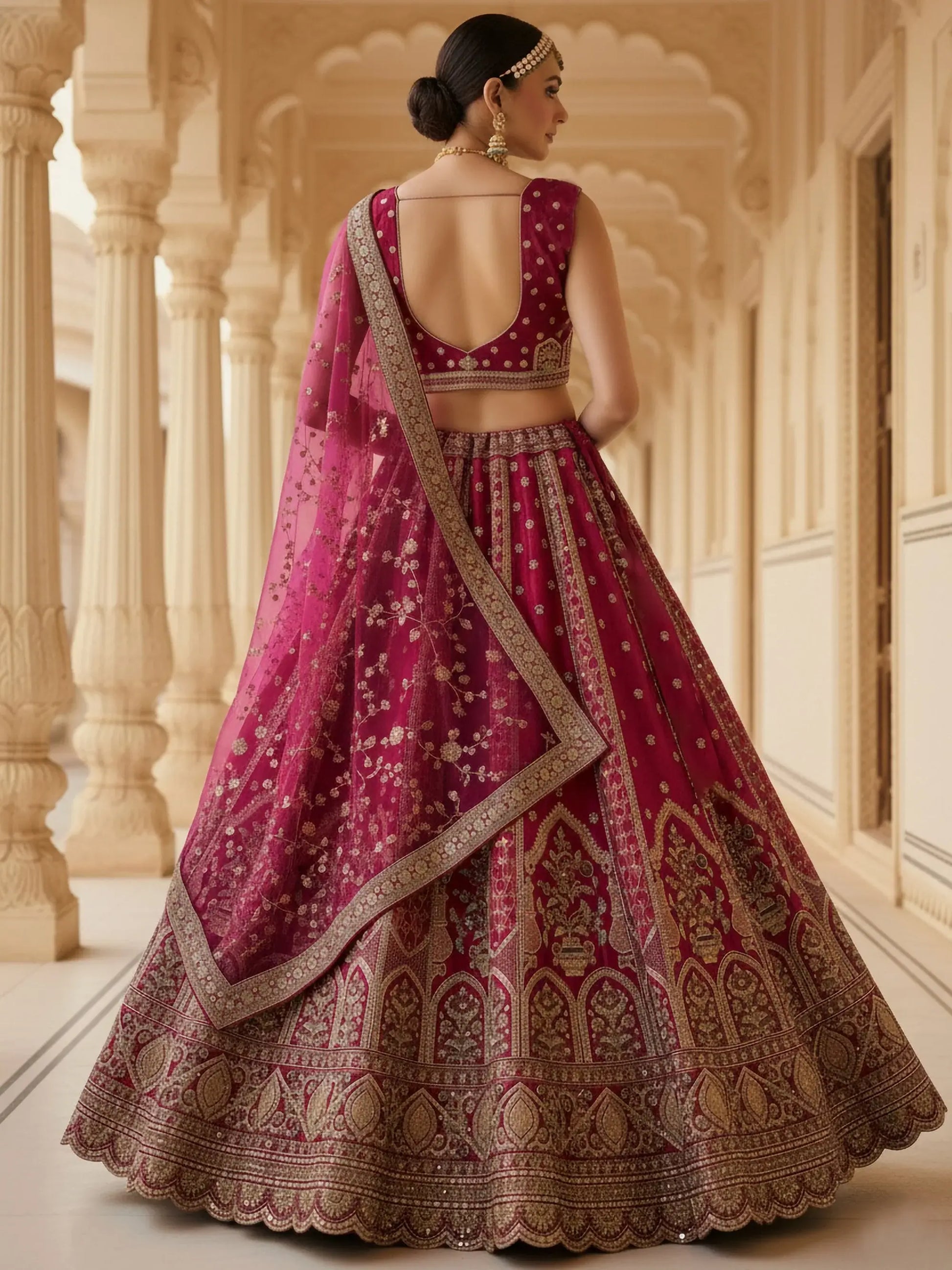 Rich Pink Zari Embroidered Silk Traditional Lehenga Choli With Double Dupatta