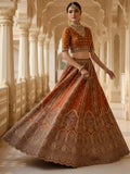 Alluring Rust Orange Sequins Work Silk Lehenga Choli With Double Dupatta