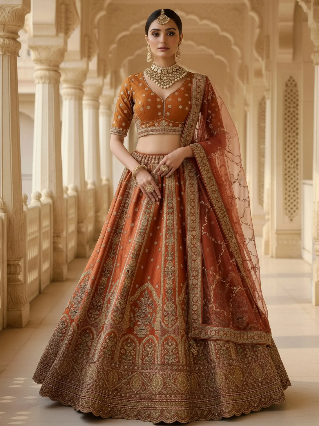 Alluring Rust Orange Sequins Work Silk Lehenga Choli With Double Dupatta