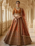 Alluring Rust Orange Sequins Work Silk Lehenga Choli With Double Dupatta