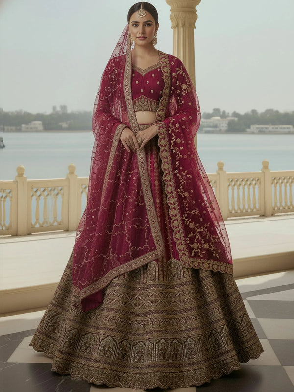 Stupendous Pink Zari Embroidery Silk Engagement Lehenga Choli With Double Dupatta