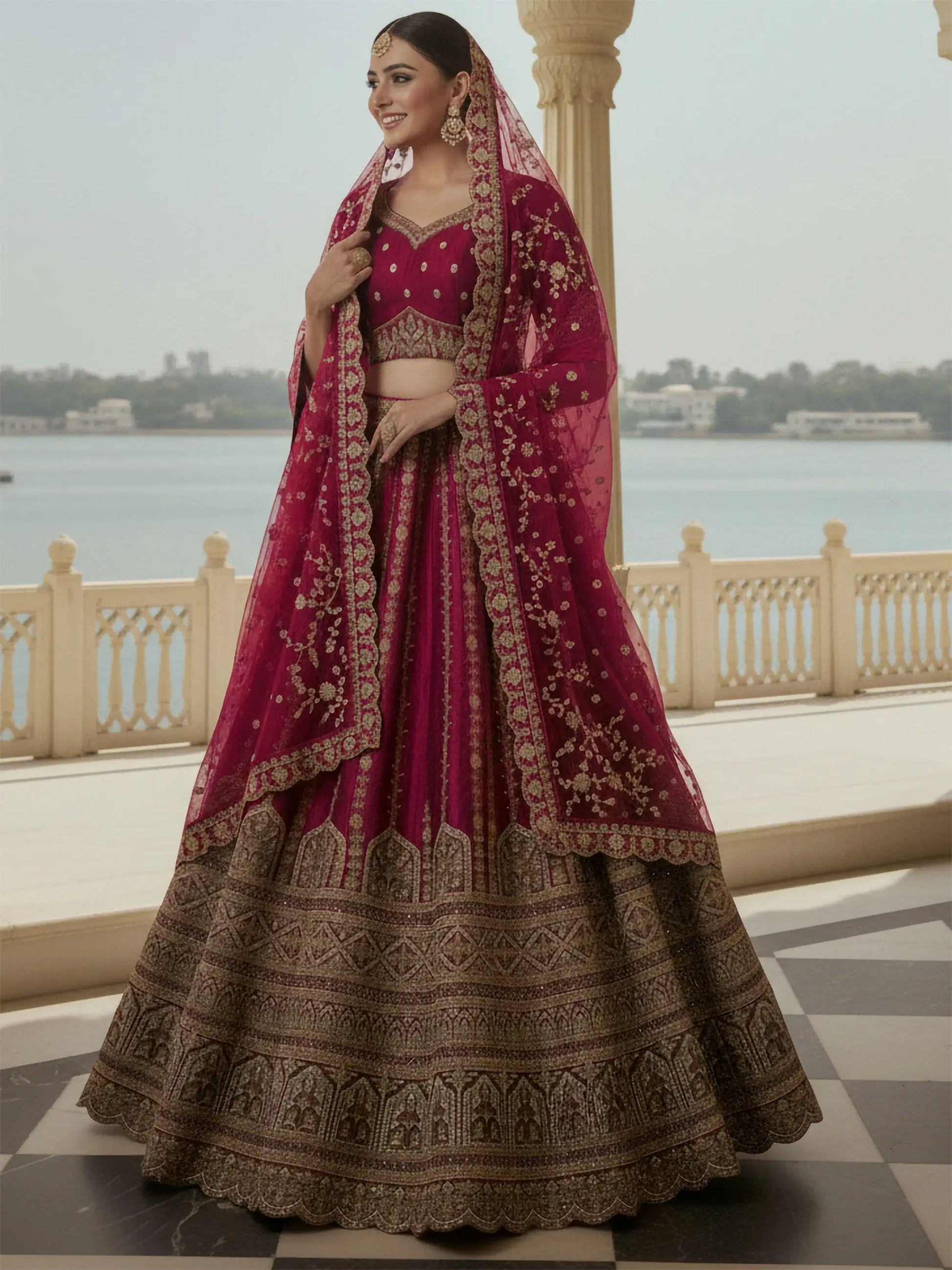 Stupendous Pink Zari Embroidery Silk Engagement Lehenga Choli With Double Dupatta