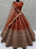 Astonishing Orange Thread Embroidery Silk Reception Lehenga Choli With Double Dupatta