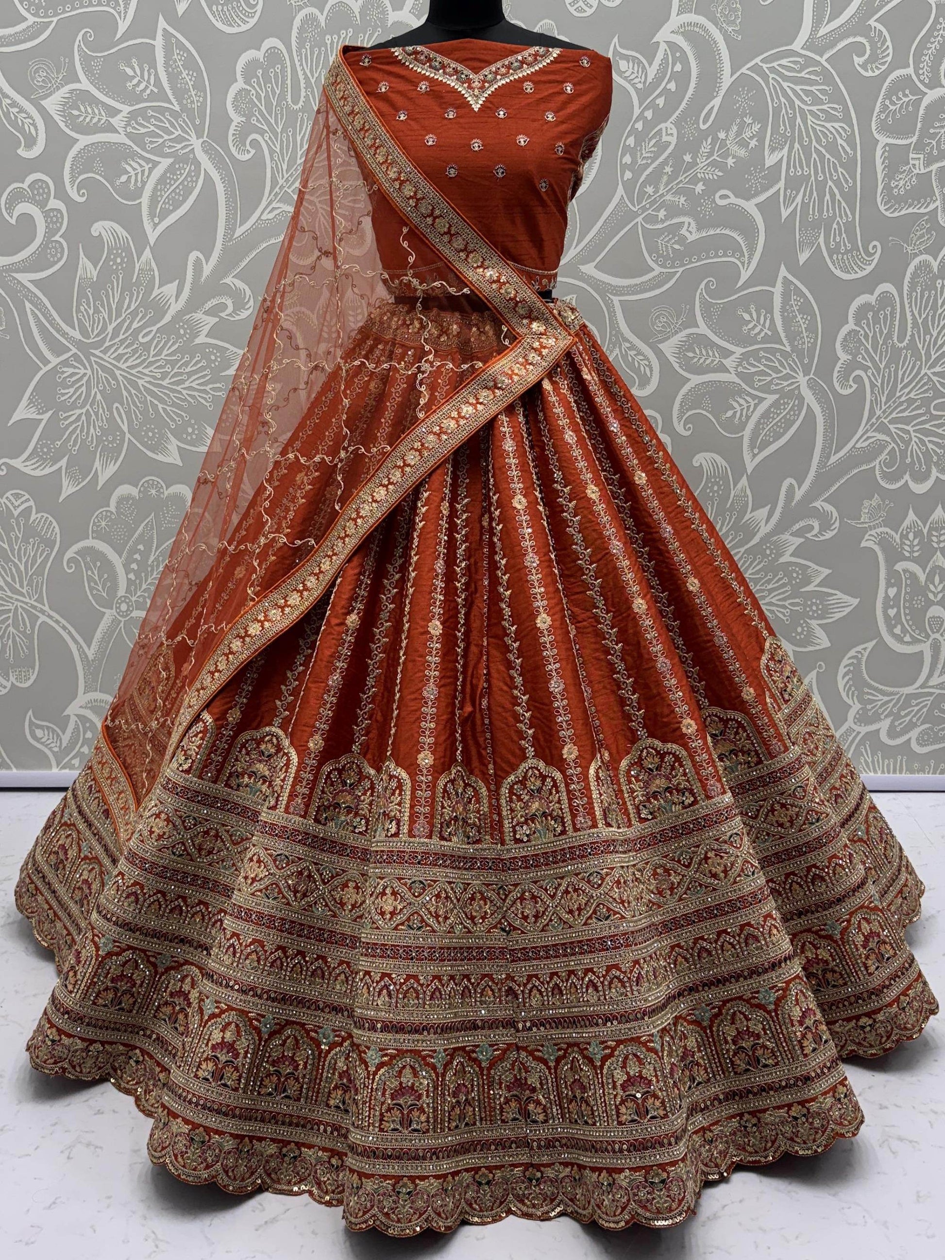 Astonishing Orange Thread Embroidery Silk Reception Lehenga Choli With Double Dupatta