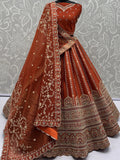 Astonishing Orange Thread Embroidery Silk Reception Lehenga Choli With Double Dupatta