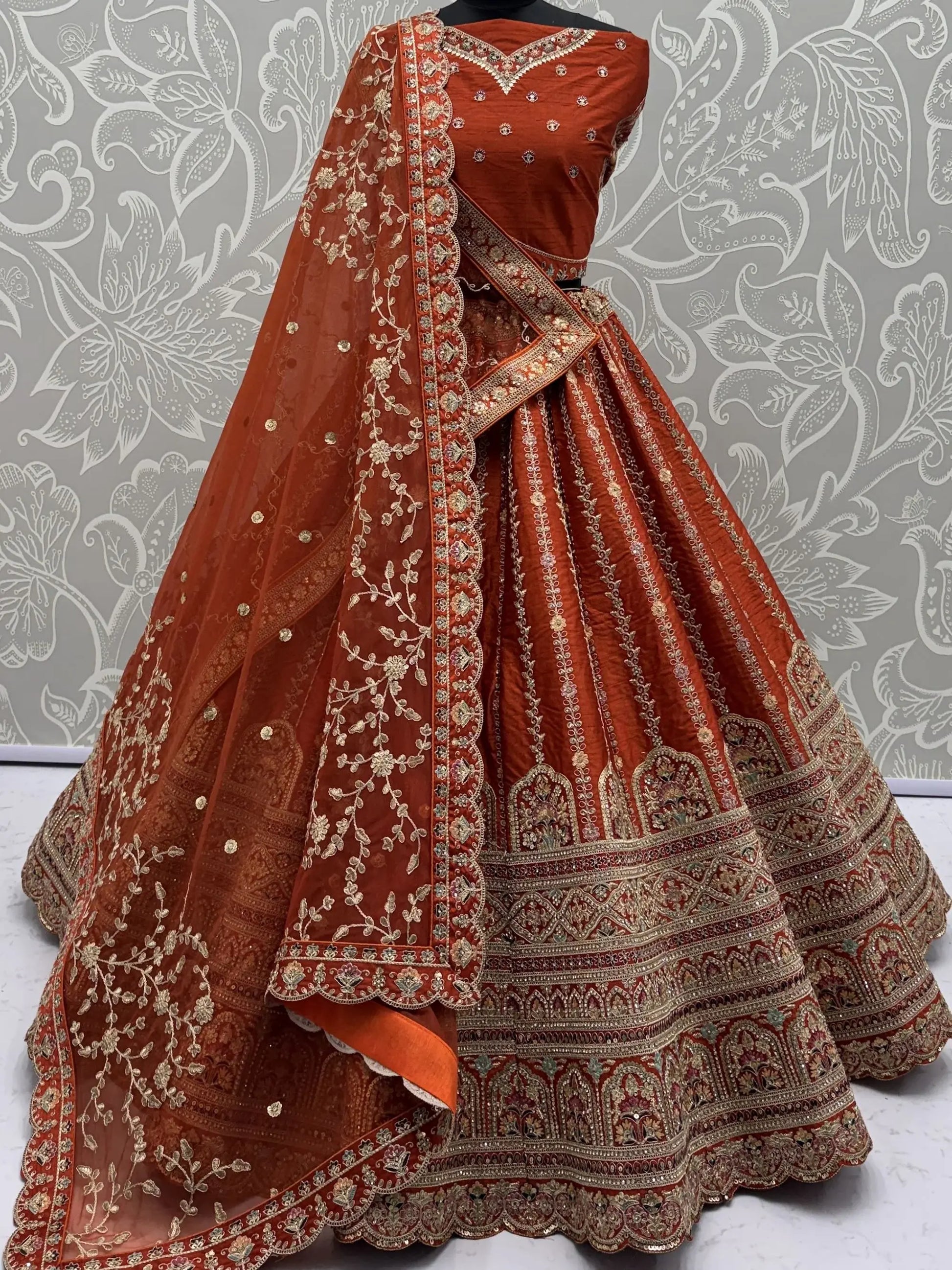Astonishing Orange Thread Embroidery Silk Reception Lehenga Choli With Double Dupatta