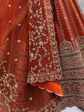 Astonishing Orange Thread Embroidery Silk Reception Lehenga Choli With Double Dupatta