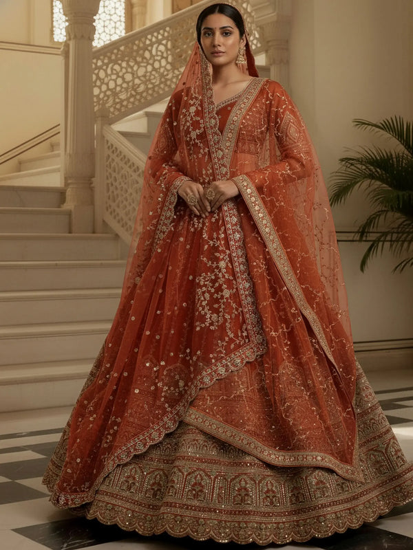 Astonishing Orange Thread Embroidery Silk Reception Lehenga Choli With Double Dupatta