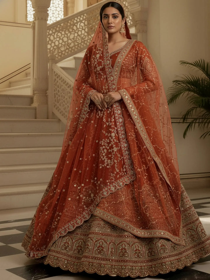 Astonishing Orange Thread Embroidery Silk Reception Lehenga Choli With Double Dupatta