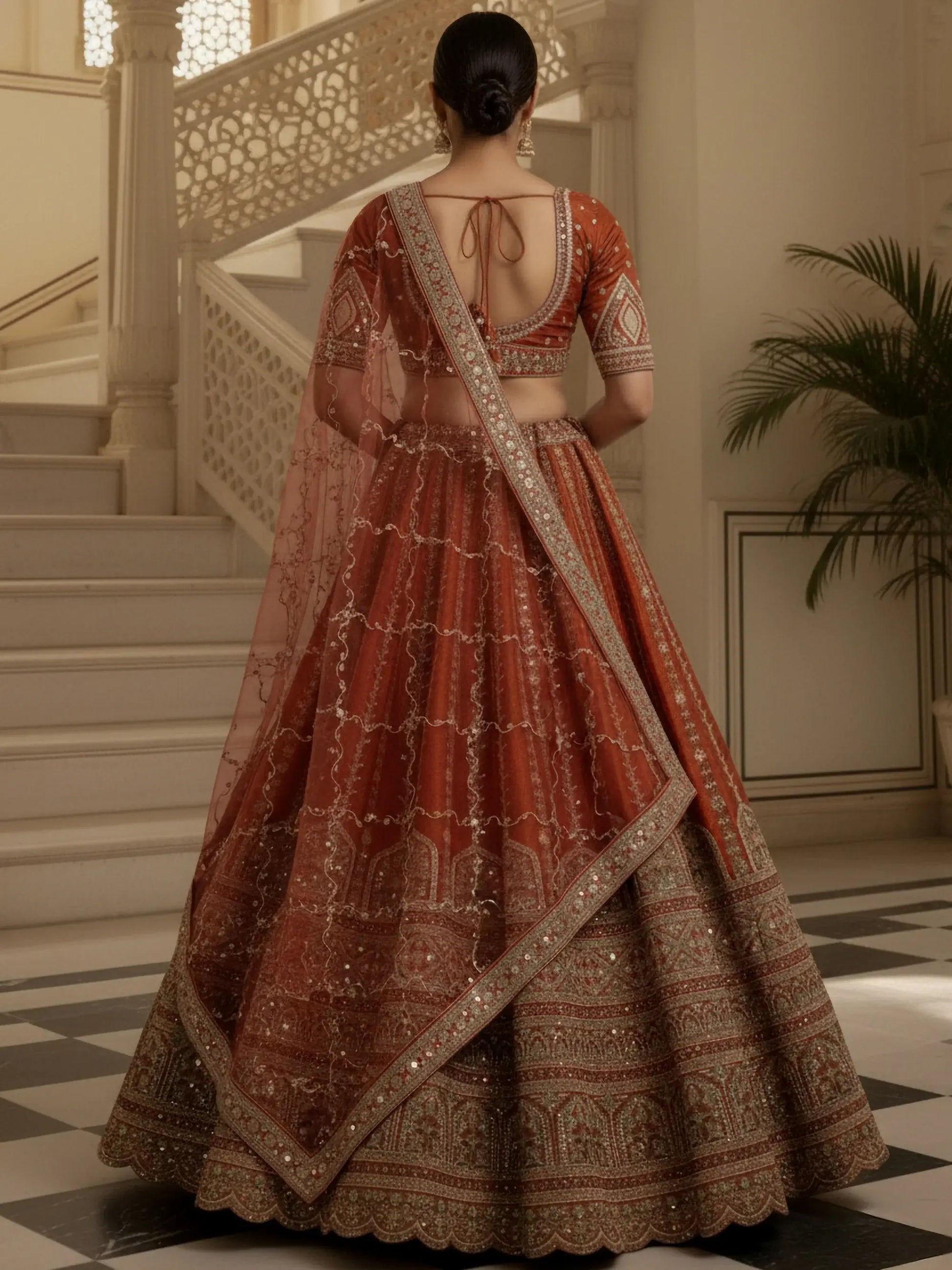 Astonishing Orange Thread Embroidery Silk Reception Lehenga Choli With Double Dupatta