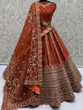 Astonishing Orange Thread Embroidery Silk Reception Lehenga Choli With Double Dupatta