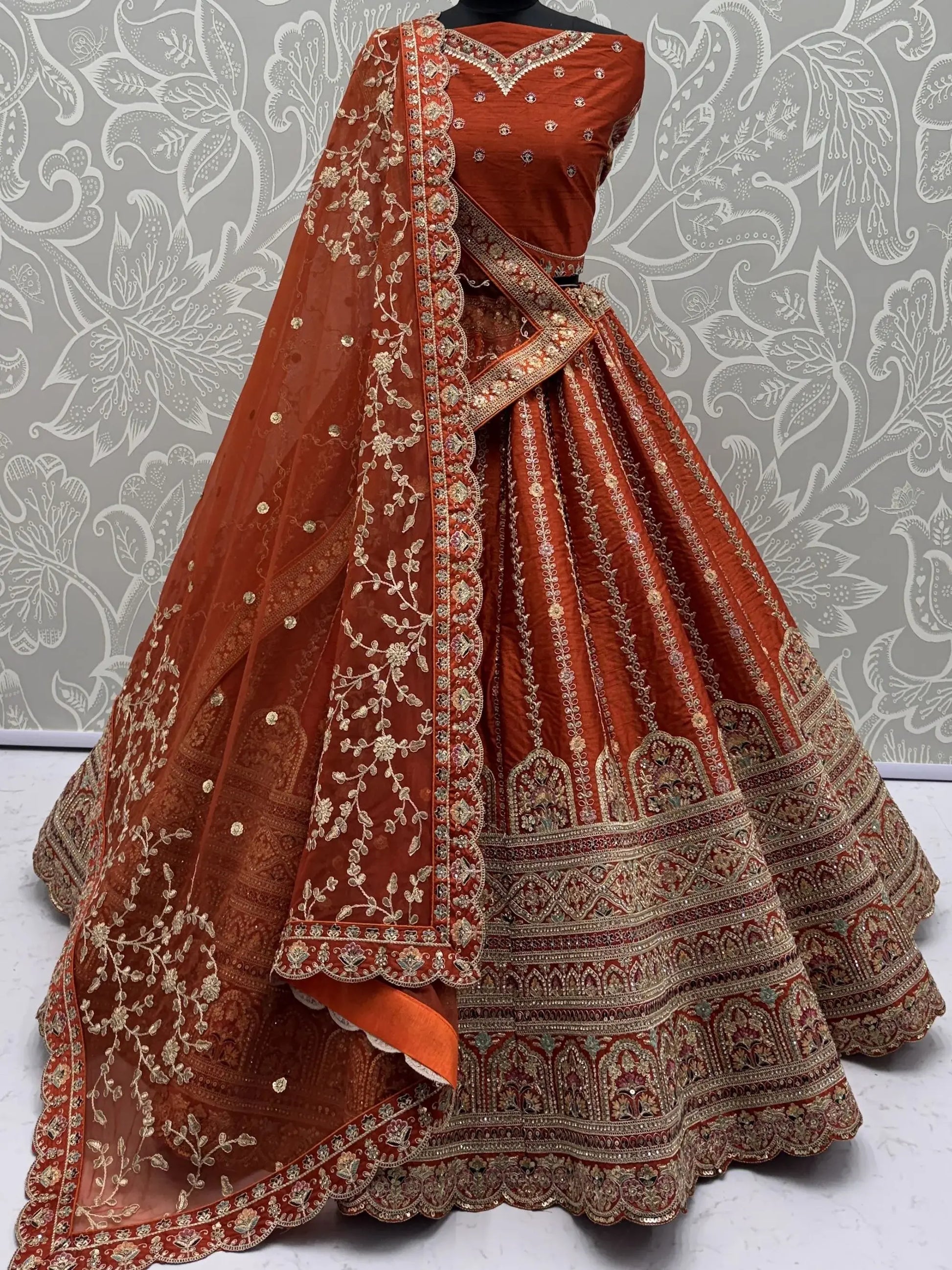 Astonishing Orange Thread Embroidery Silk Reception Lehenga Choli With Double Dupatta