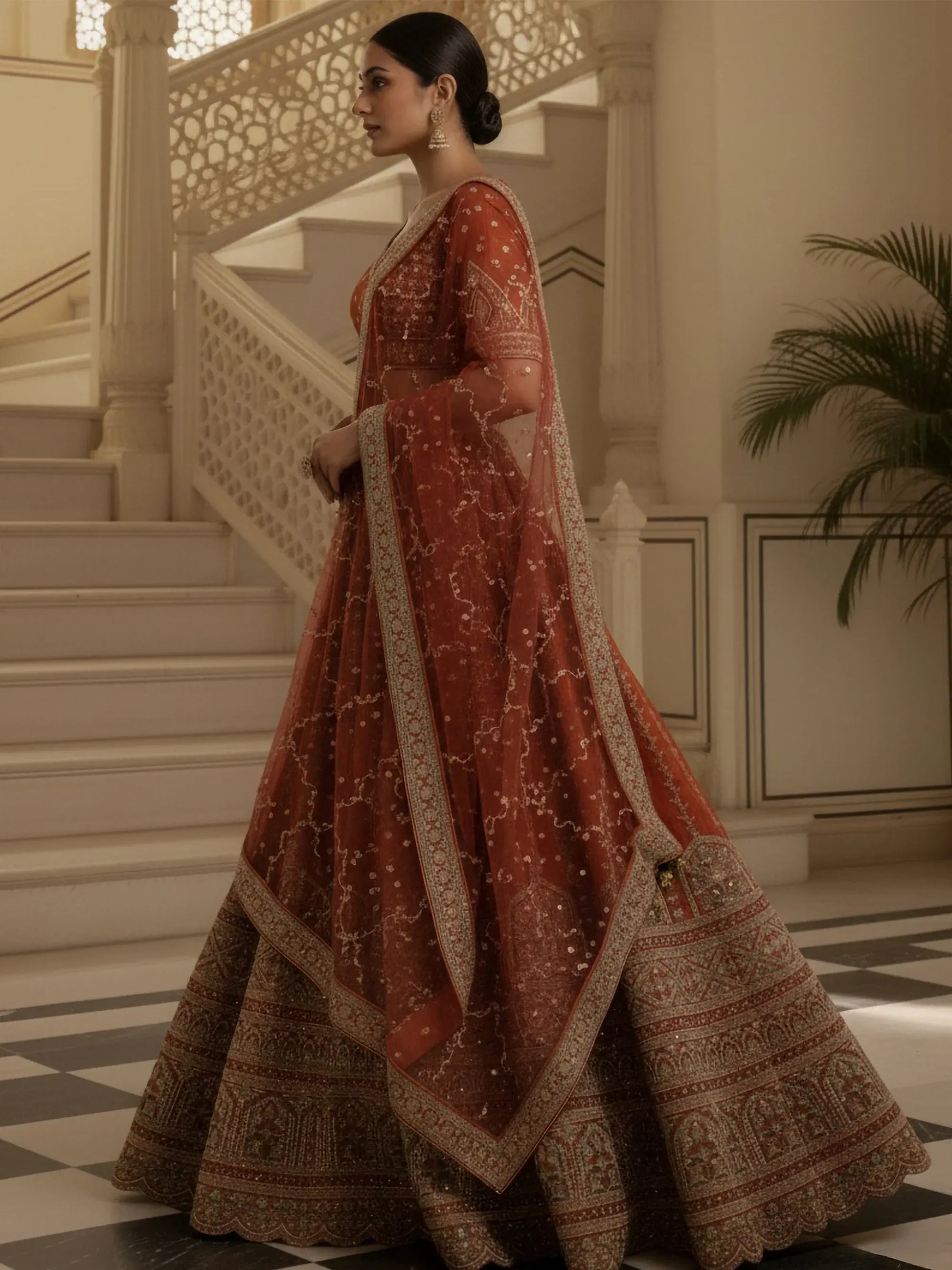 Astonishing Orange Thread Embroidery Silk Reception Lehenga Choli With Double Dupatta