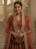 Astonishing Orange Thread Embroidery Silk Reception Lehenga Choli With Double Dupatta
