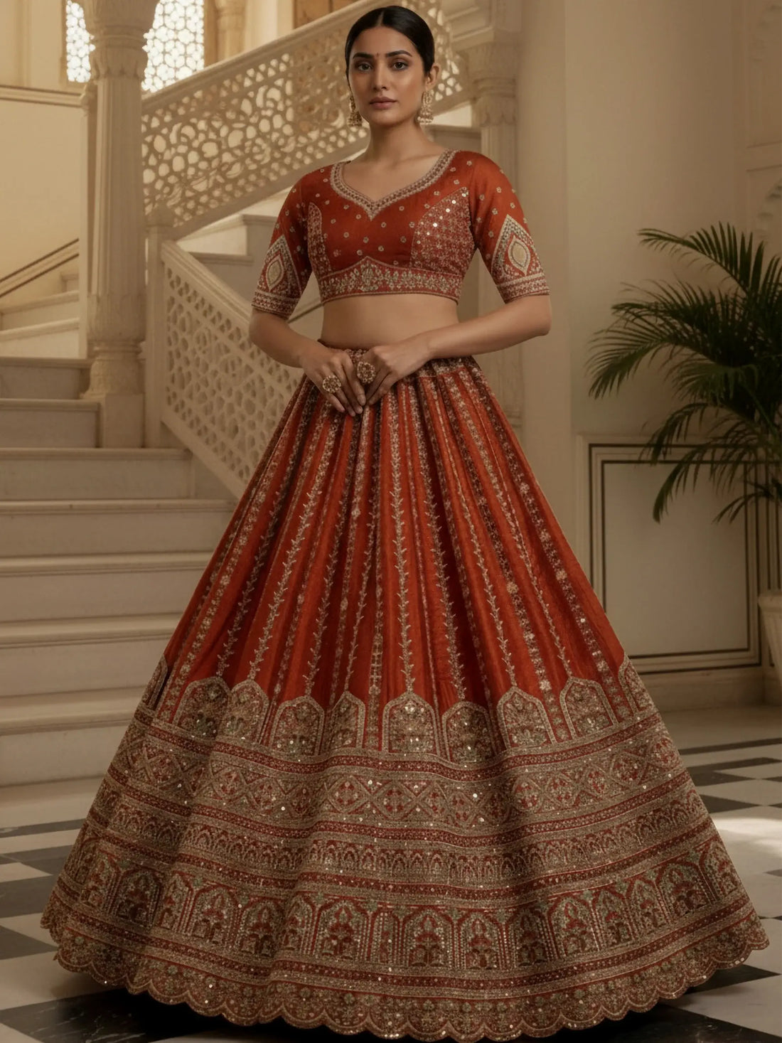 Astonishing Orange Thread Embroidery Silk Reception Lehenga Choli With Double Dupatta