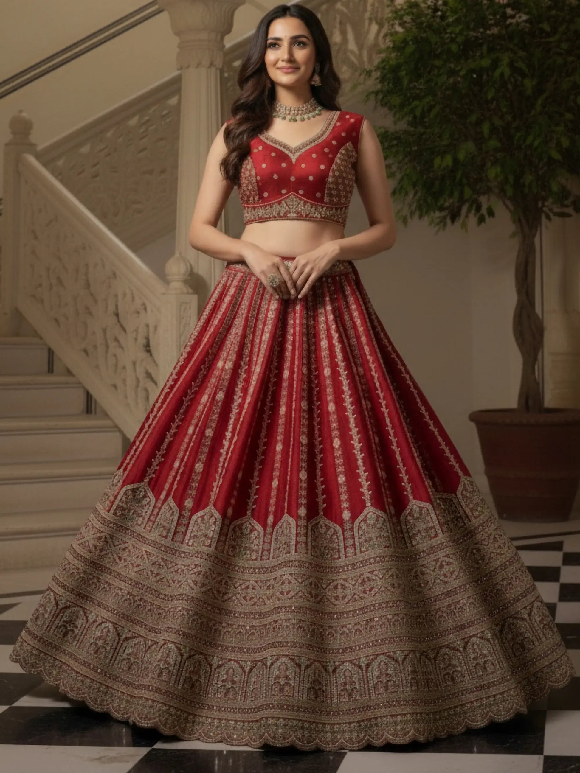 Gorgeous Red Sequins Work Silk Bridal Wear Lehenga Choli With Double Dupatta