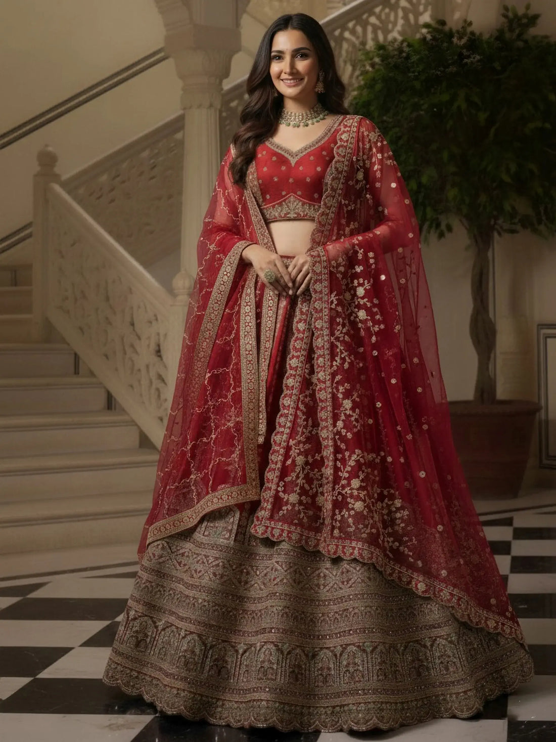 Gorgeous Red Sequins Work Silk Bridal Wear Lehenga Choli With Double Dupatta