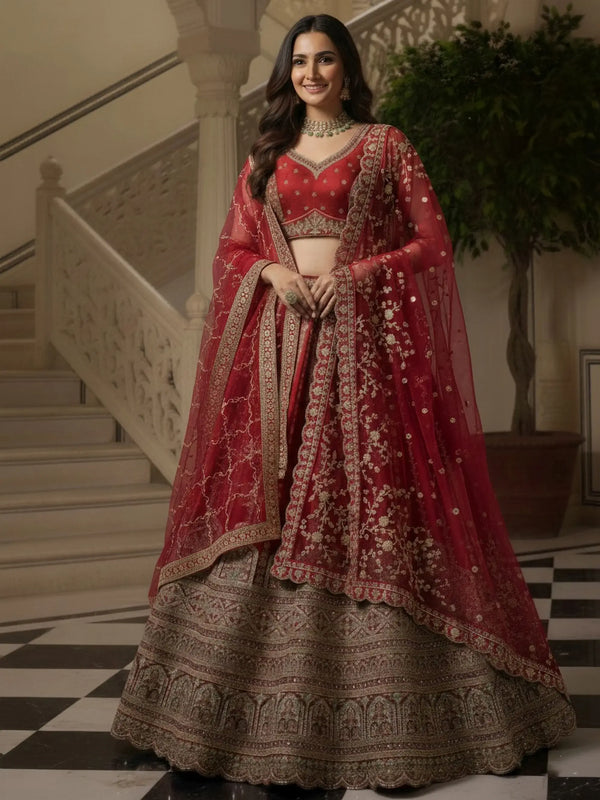 Gorgeous Red Sequins Work Silk Bridal Wear Lehenga Choli With Double Dupatta