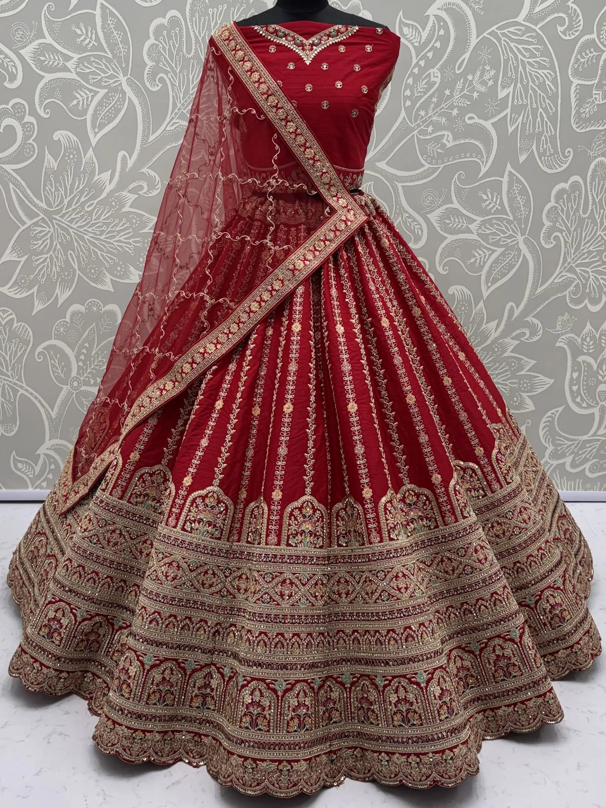 Gorgeous Red Sequins Work Silk Bridal Wear Lehenga Choli With Double Dupatta
