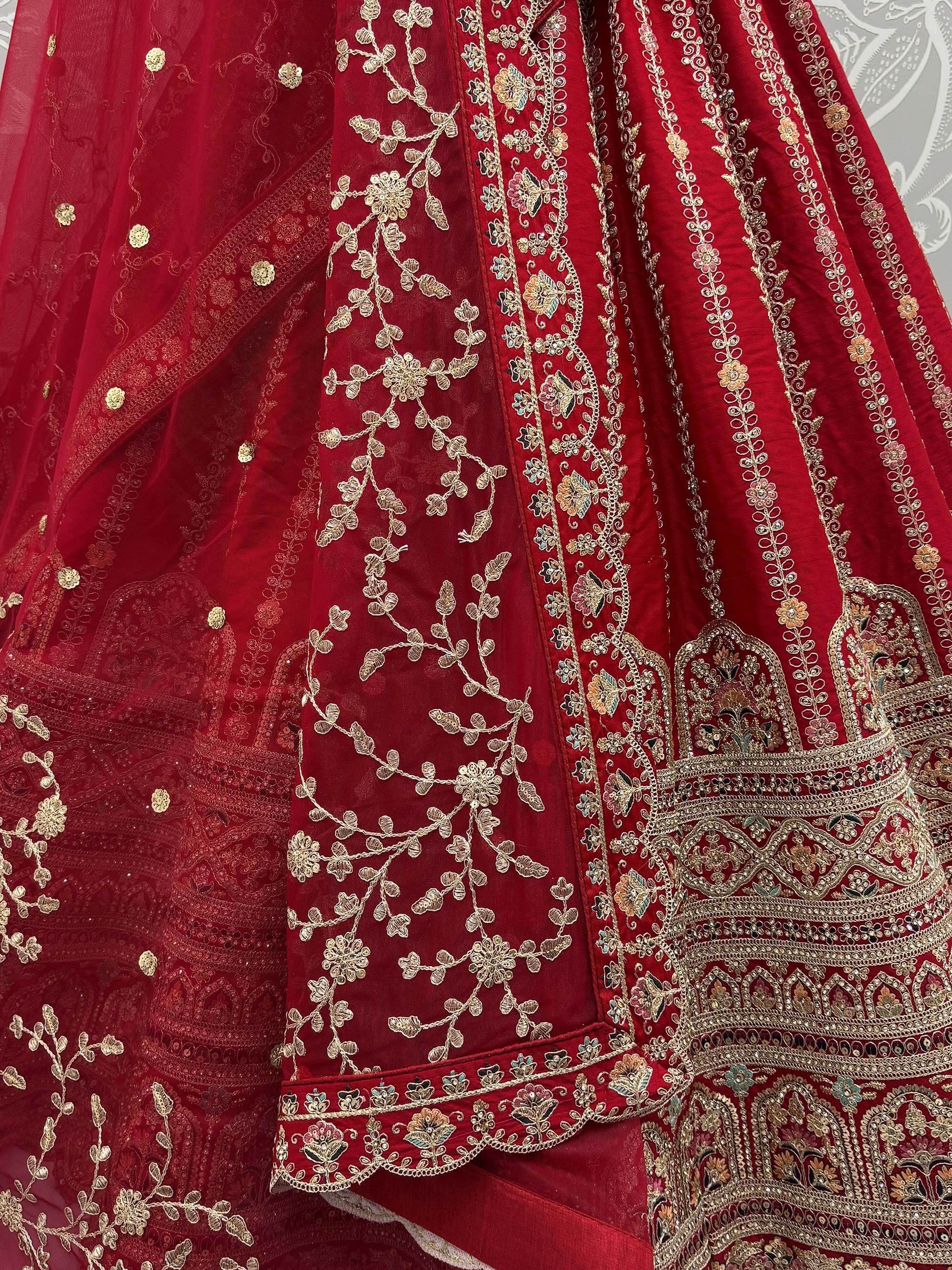 Gorgeous Red Sequins Work Silk Bridal Wear Lehenga Choli With Double Dupatta