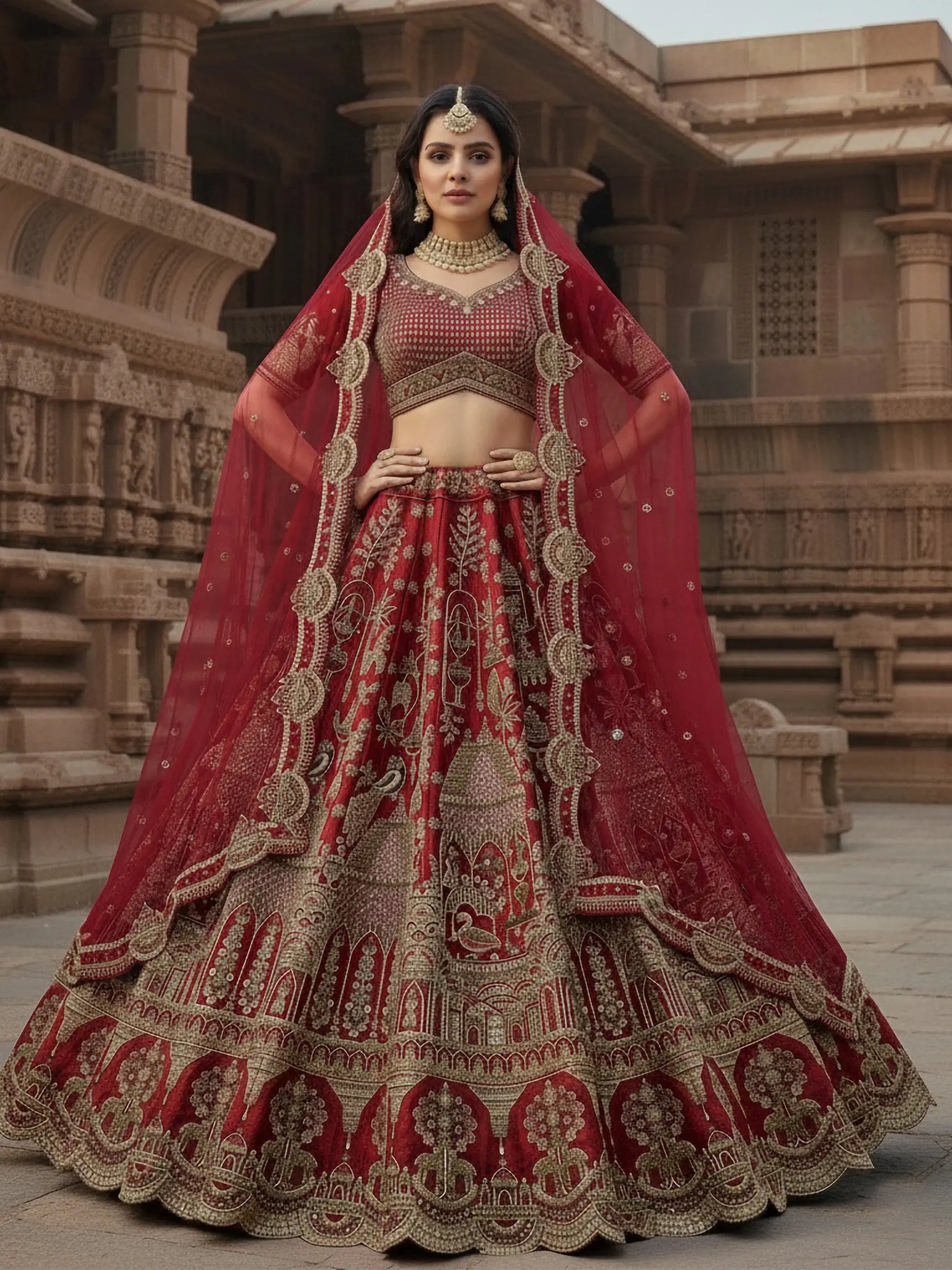 Breathtaking Red Hand Work Silk Bridal Wear Lehenga Choli With Double Dupatta