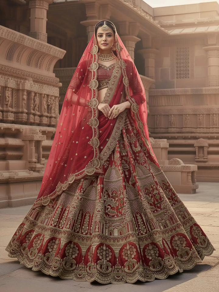 Breathtaking Red Hand Work Silk Bridal Wear Lehenga Choli With Double Dupatta