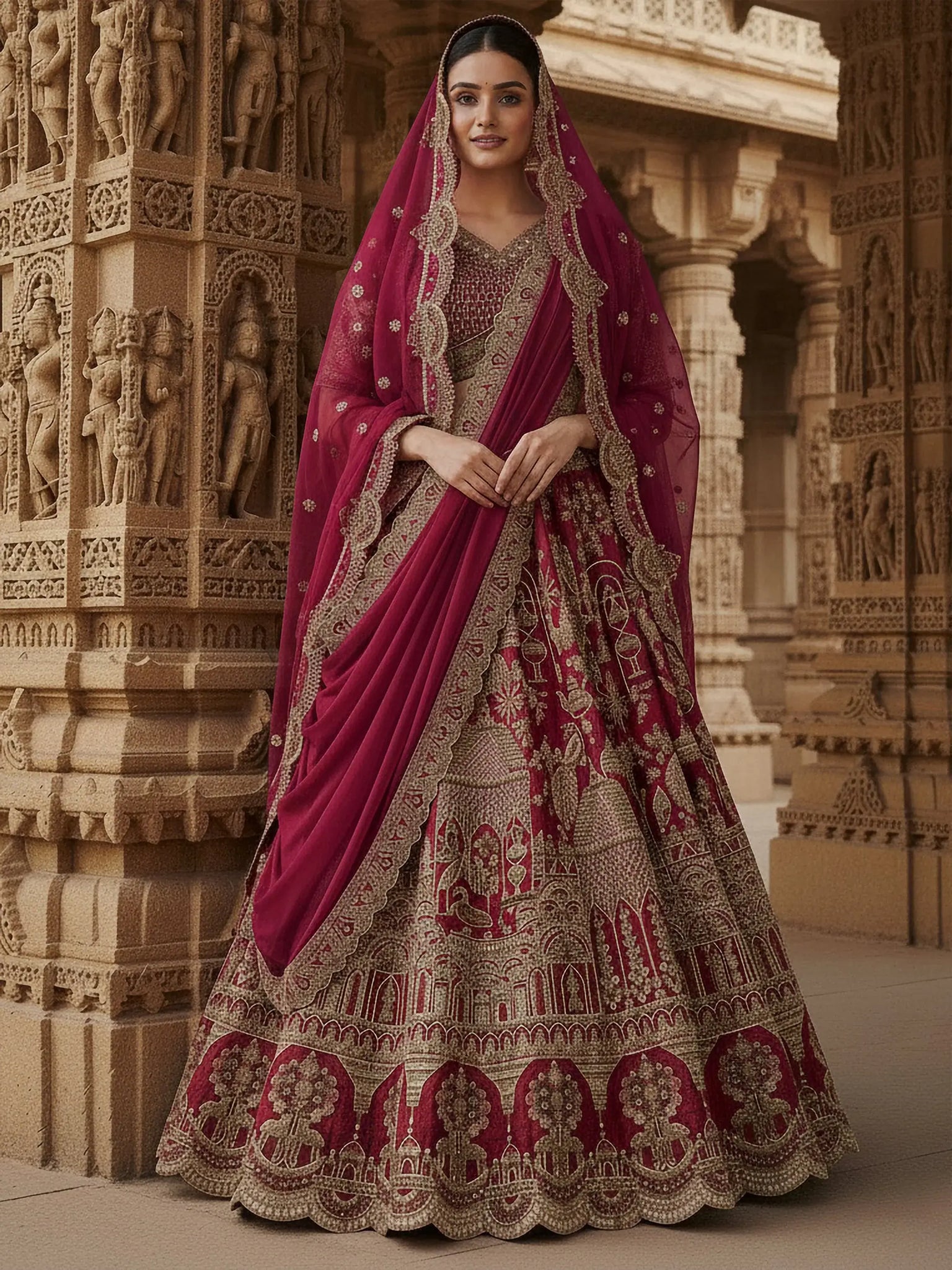 Incredible Pink Khatli Work Silk Bridal Lehenga Choli With Double Dupatta