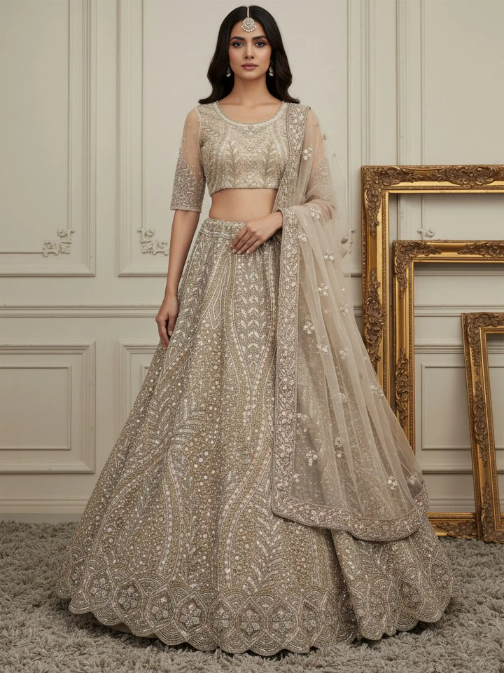 Exceptional Golden Dori Work Net Sangeet Wear Lehenga Choli With Dupatta