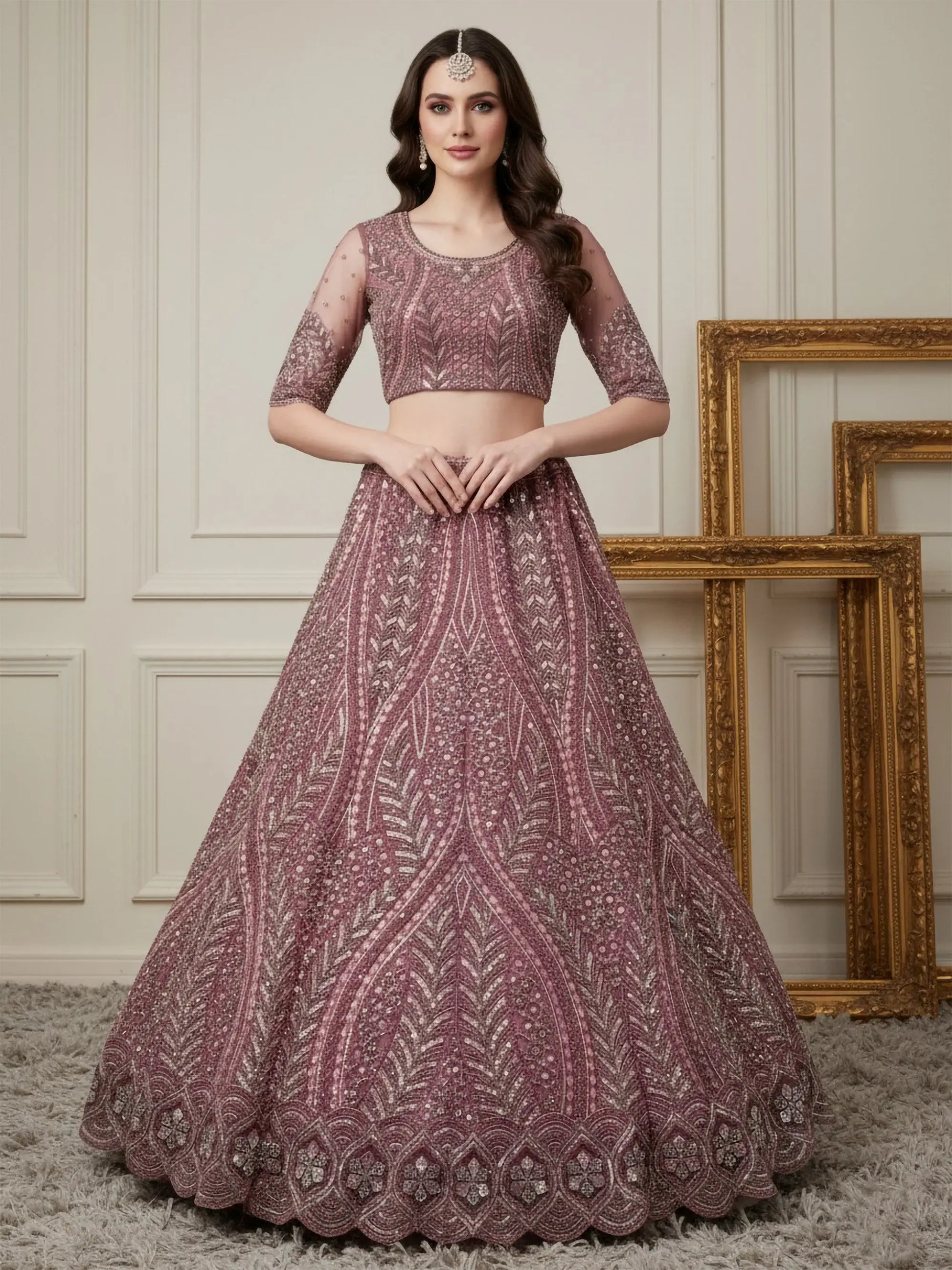 Sparkling Rose Gold Sequins Net Engagement Wear Lehenga Choli With Dupatta