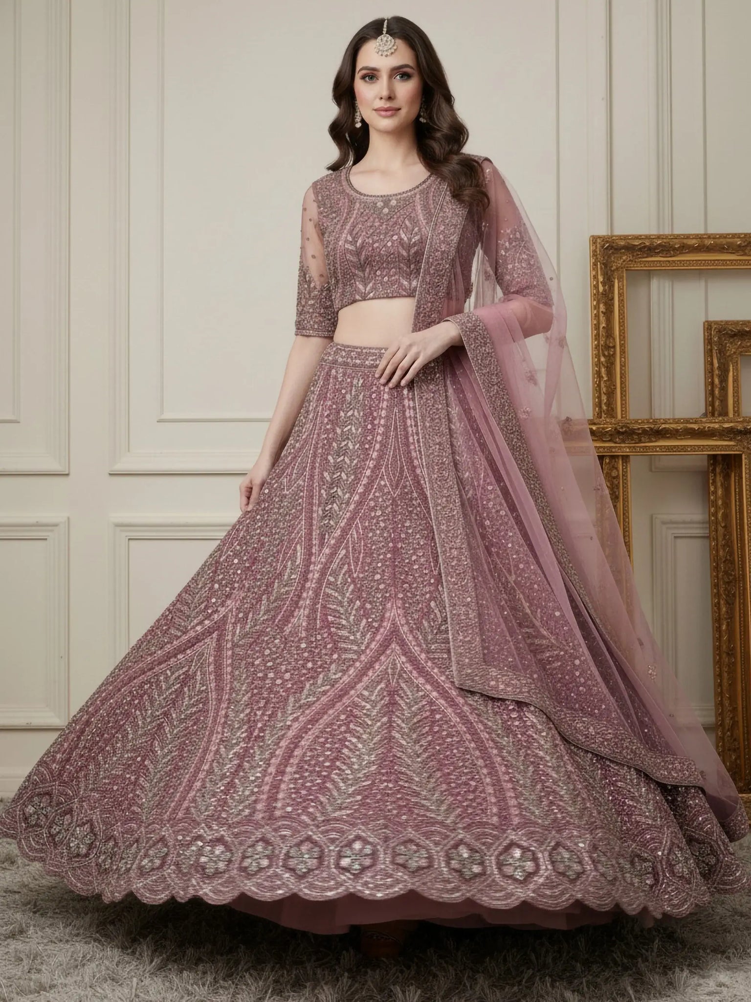 Sparkling Rose Gold Sequins Net Engagement Wear Lehenga Choli With Dupatta
