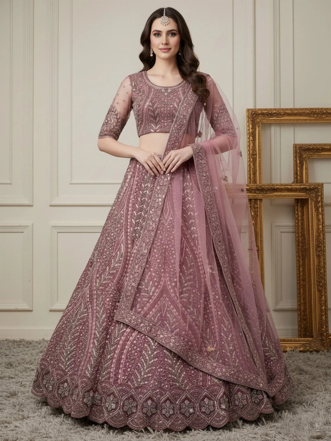 Sparkling Rose Gold Sequins Net Engagement Wear Lehenga Choli With Dupatta