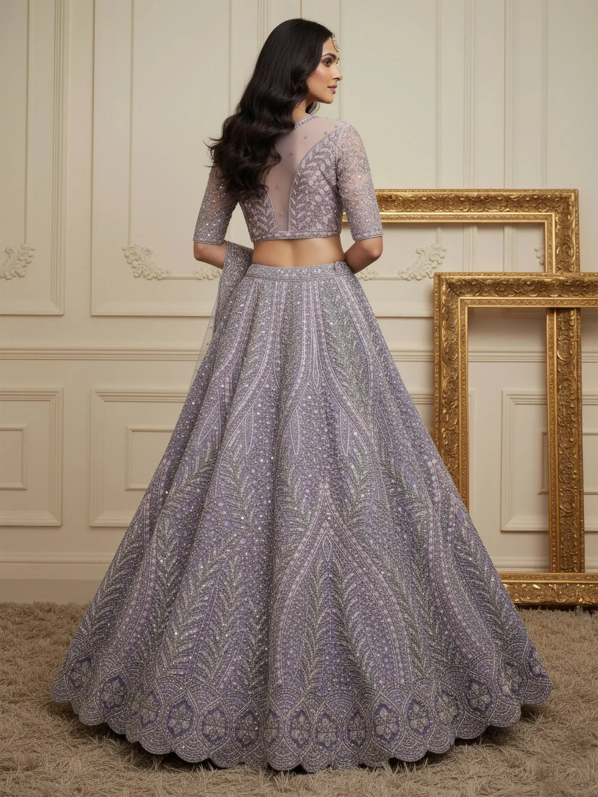 Breathtaking Lavender Thread Work Net Reception Wear Lehenga With Blouse