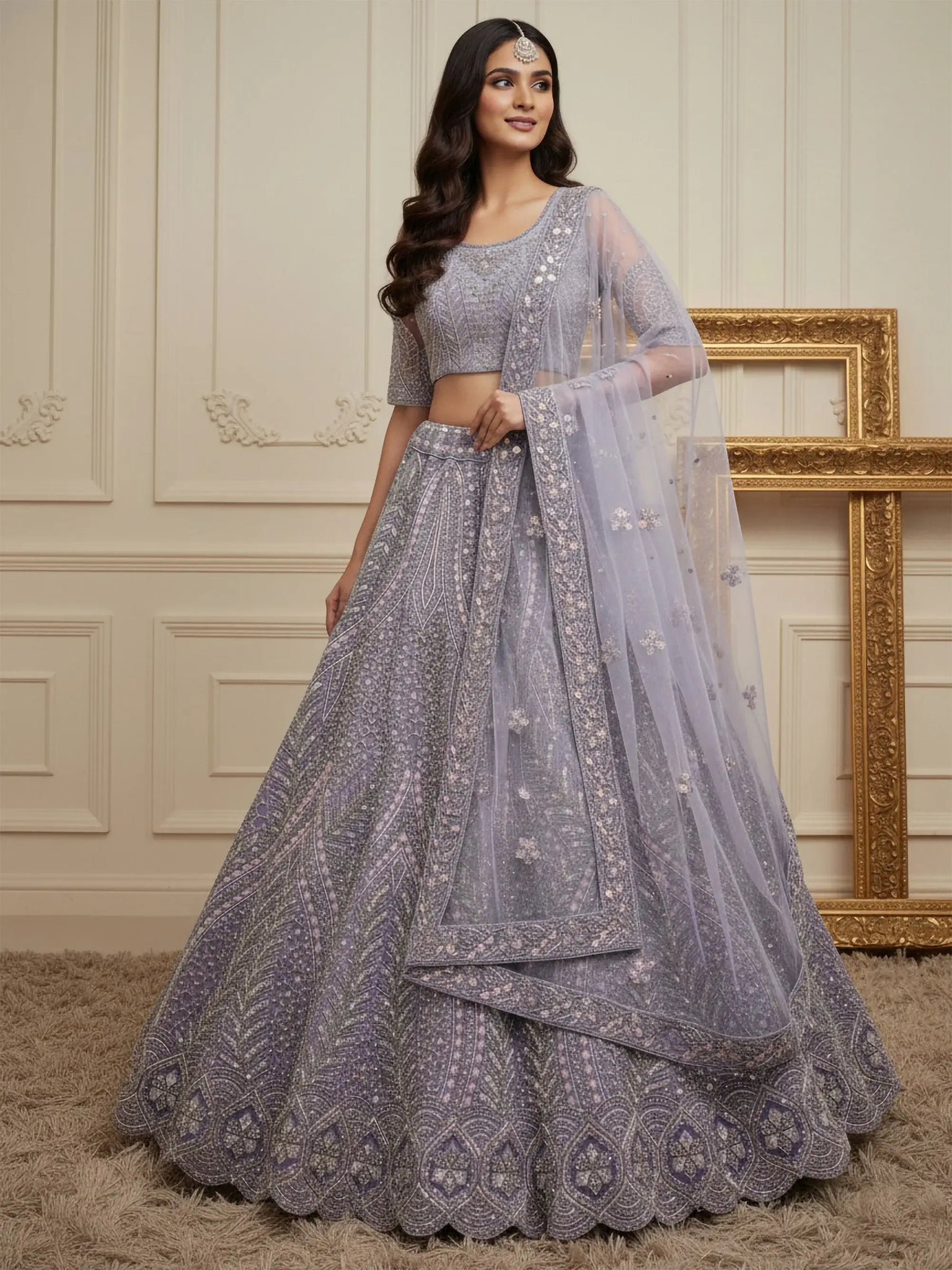 Breathtaking Lavender Thread Work Net Reception Wear Lehenga With Blouse