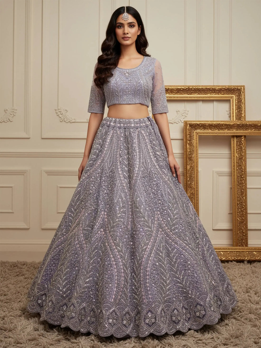 Breathtaking Lavender Thread Work Net Reception Wear Lehenga With Blouse