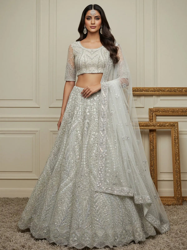 Notable White Embroidered Net Function Wear Lehenga Choli With Dupatta