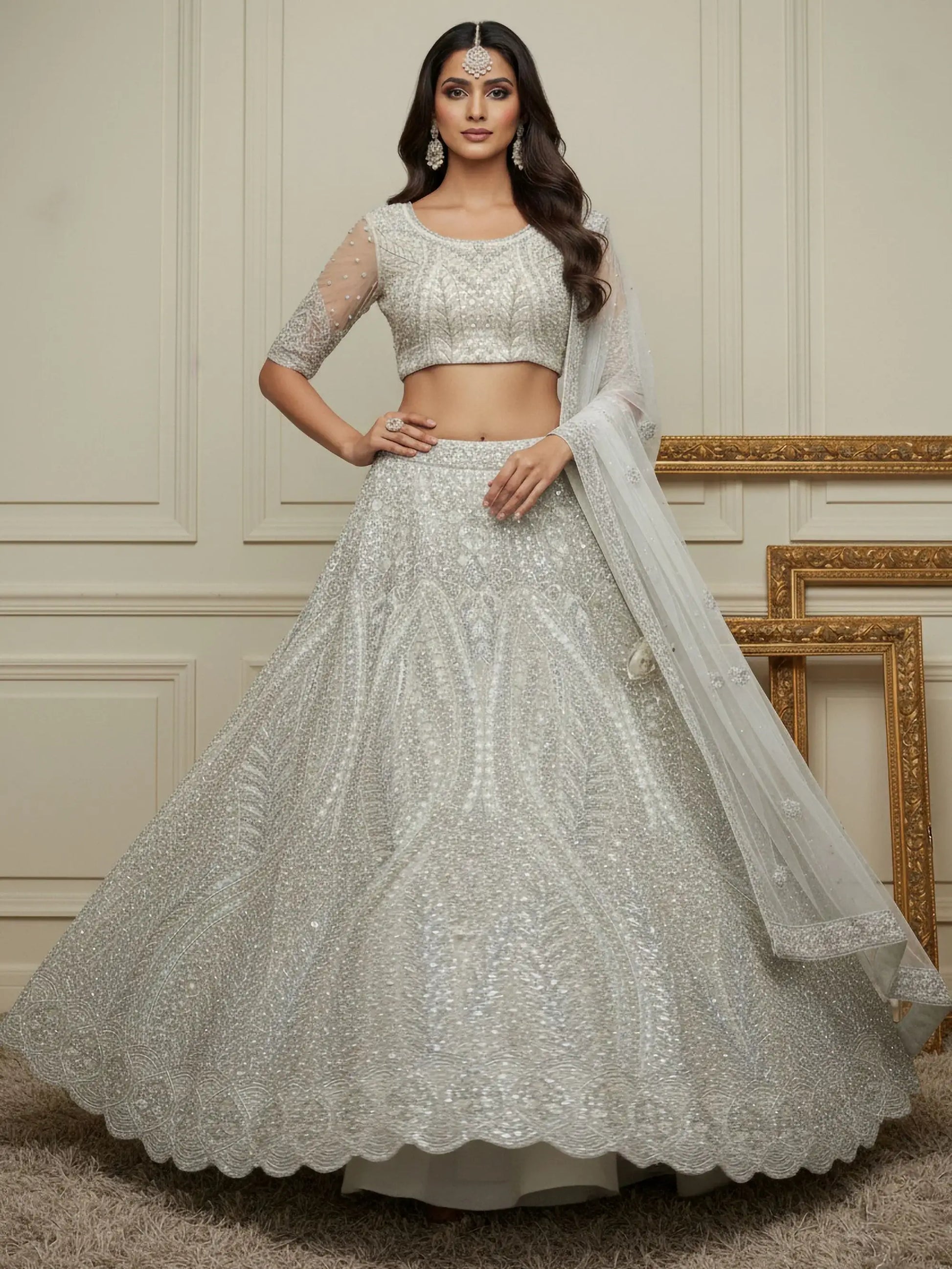 Notable White Embroidered Net Function Wear Lehenga Choli With Dupatta