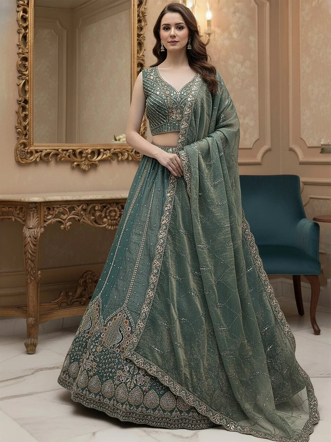 Incredible Teal Blue Thread Embroidered Silk Wedding Lehenga Choli With Dupatta