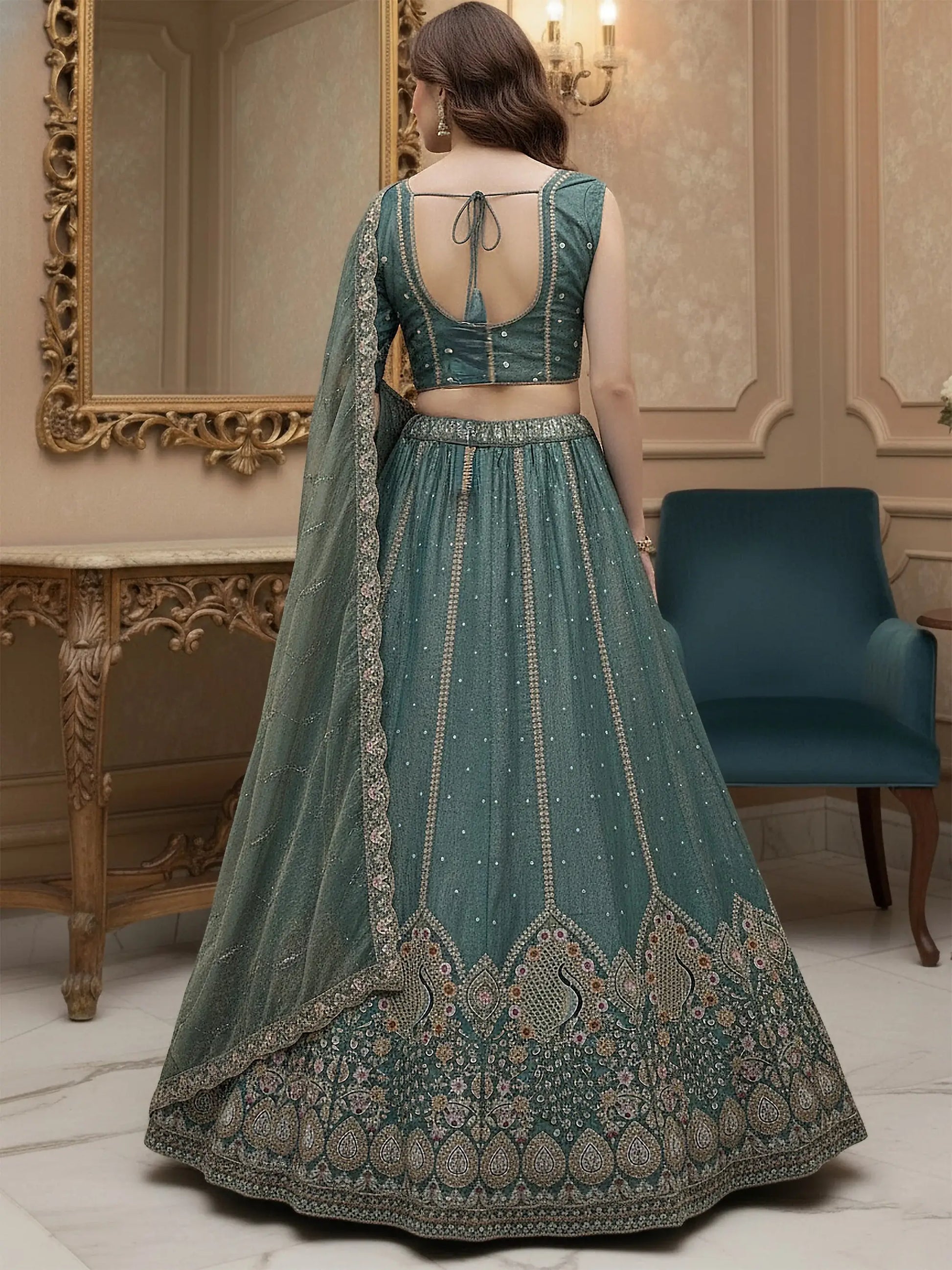 Incredible Teal Blue Thread Embroidered Silk Wedding Lehenga Choli With Dupatta