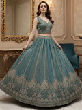 Incredible Teal Blue Thread Embroidered Silk Wedding Lehenga Choli With Dupatta