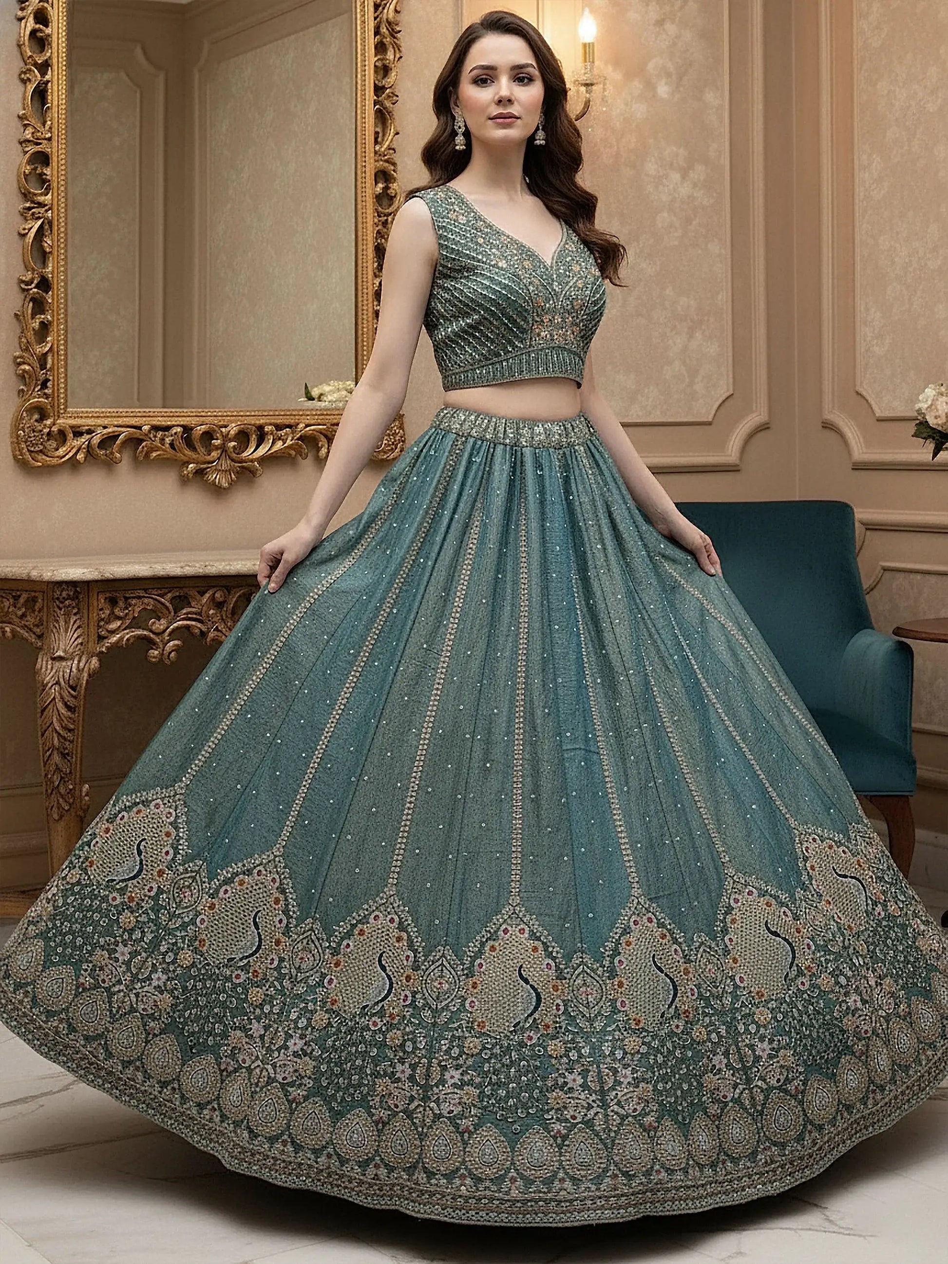 Incredible Teal Blue Thread Embroidered Silk Wedding Lehenga Choli With Dupatta